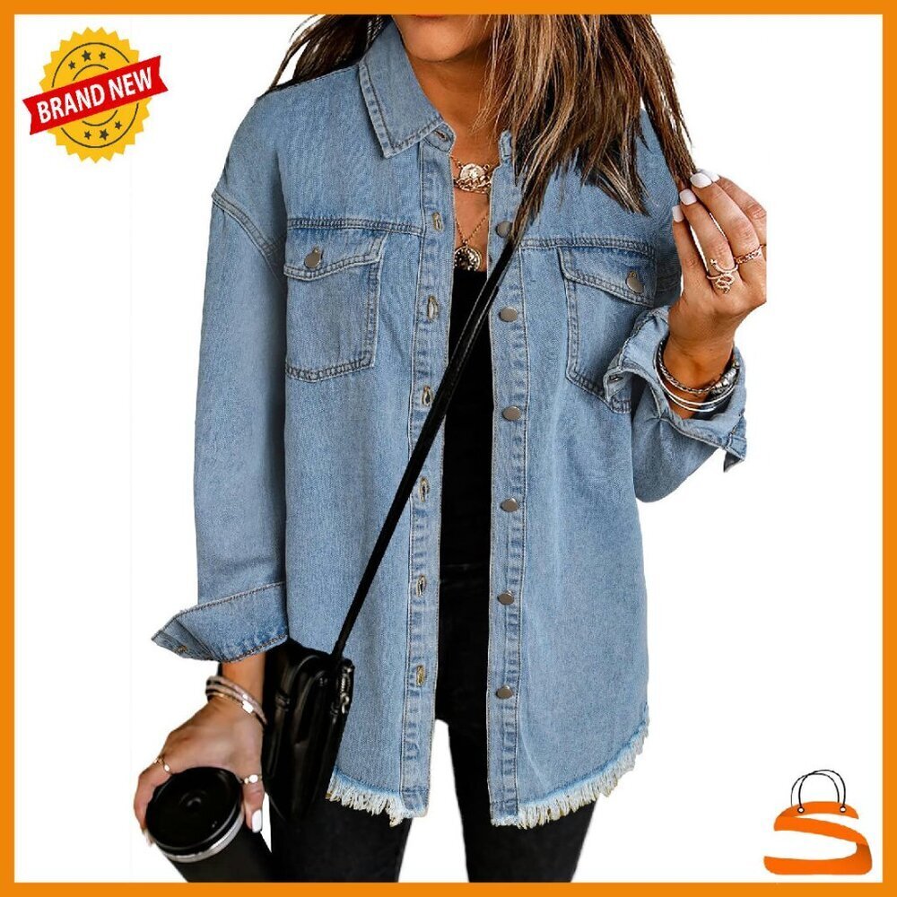 Oversized Denim Jacket Distressed Long Sleeve Button Closure Casual